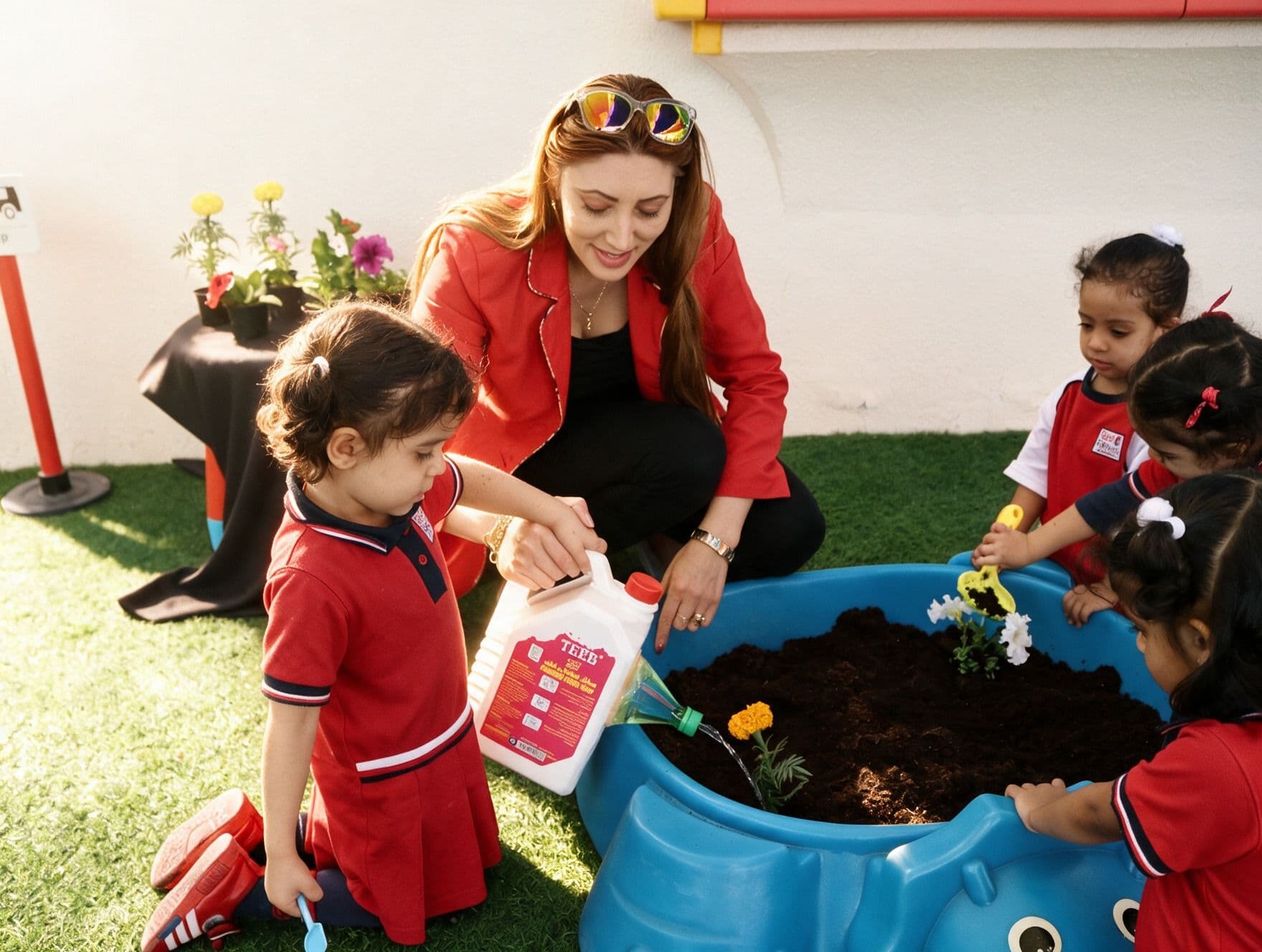 Teacher and child learning together in a nursery garden
