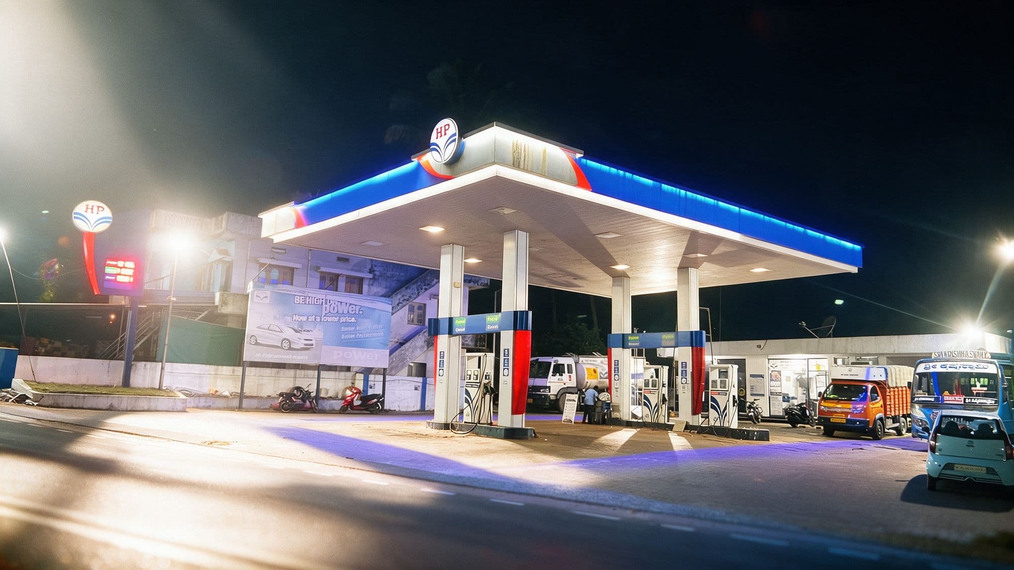 Tiptop Fuels Hindustan Petroleum station at night